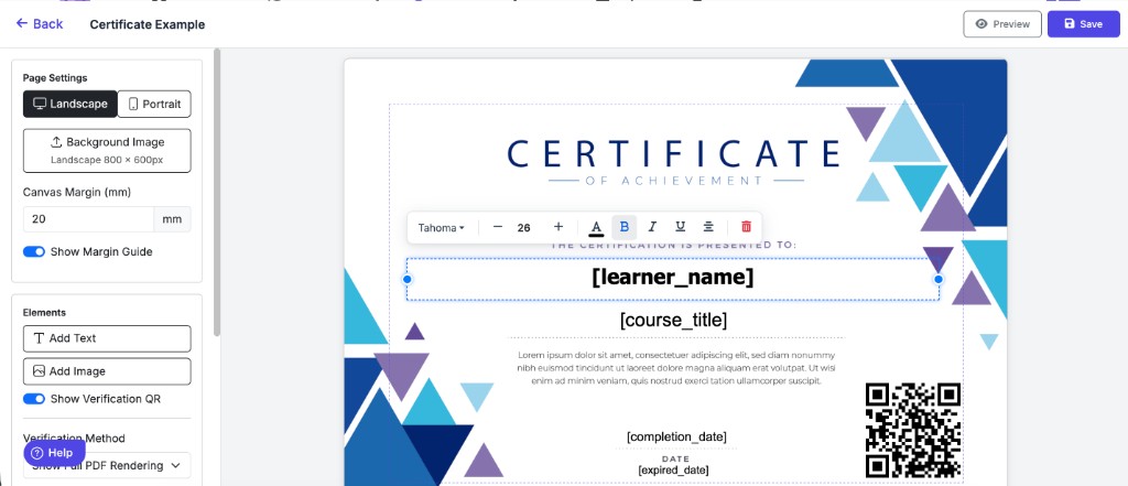 SCORM Dispatch certificate builder, showing the drag-and-drop designer rather than the finished PDF